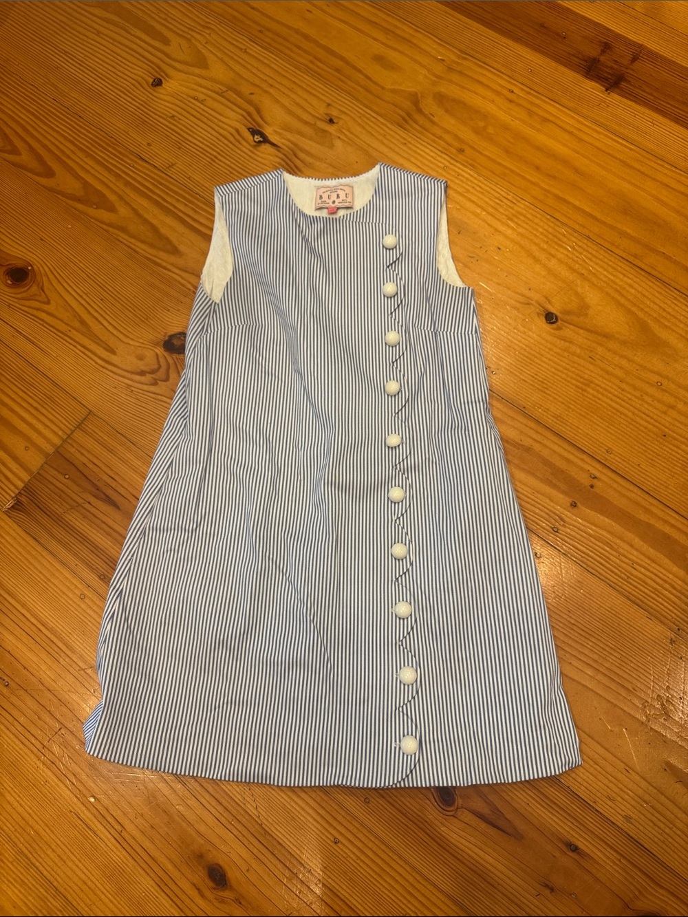 Sleeveless Blue & White Pinstripe Mini Dress with Side Button Detail
